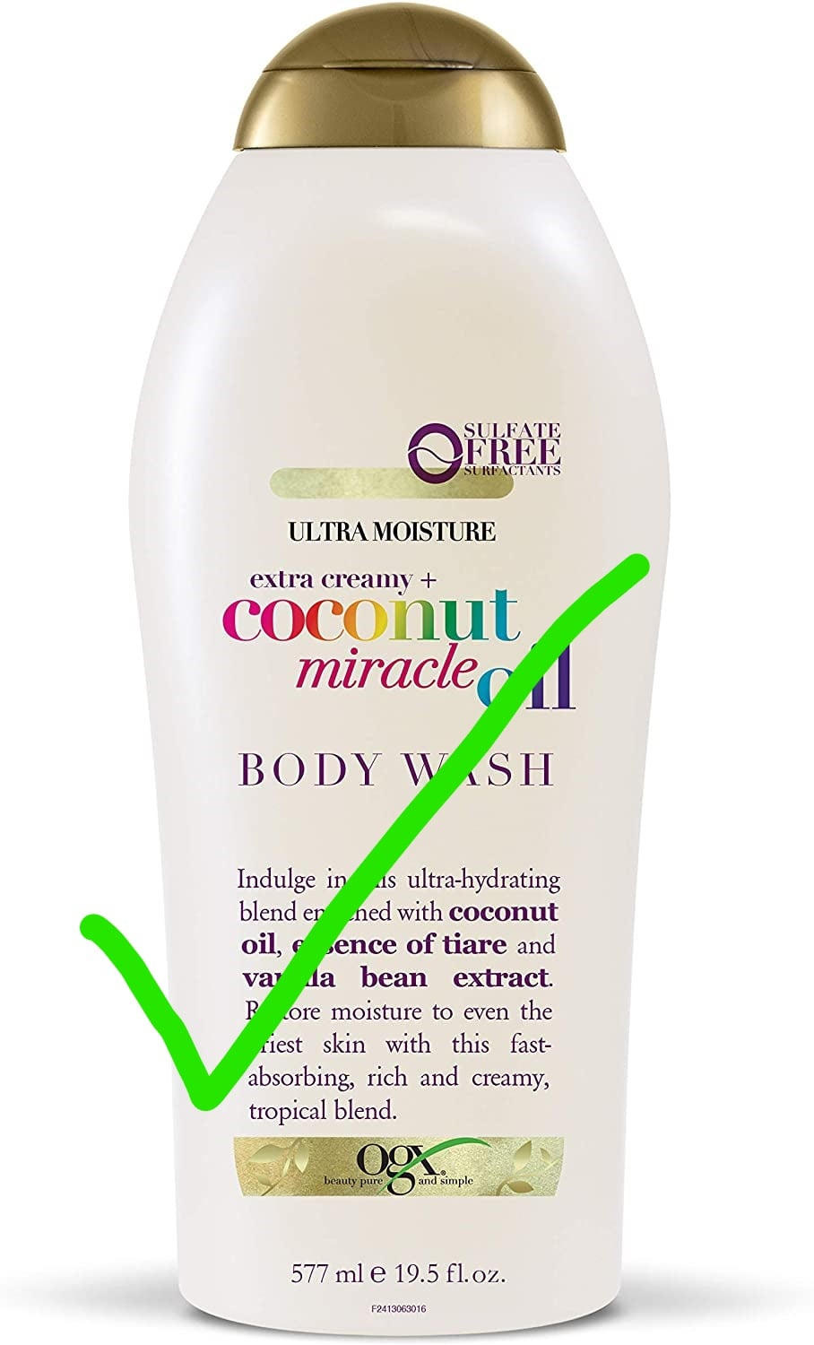 May be an image of one or more people, hair, cosmetics and text that says "FREE SURFACTANTS SULFATE FREF ULTRA MOISTURE coconut + extra creamy miracle BODY SH Indulge IS ultra-hydrating blend er ned with coconut oil, ence of tiare and va la bean extract. core moisture to even the riest skin with this fast- absorbing, rich and creamy, tropical blend. 577 ml e 19.5 fl.oz. fl. F2413063016"