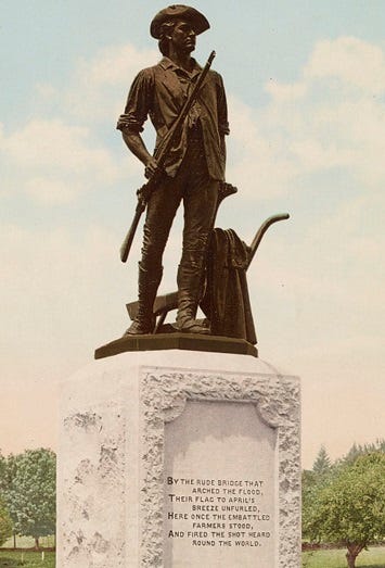 Crop of a color 20th-century postcard showing a bronze statue of a young man in colonial garb on a white pedestal