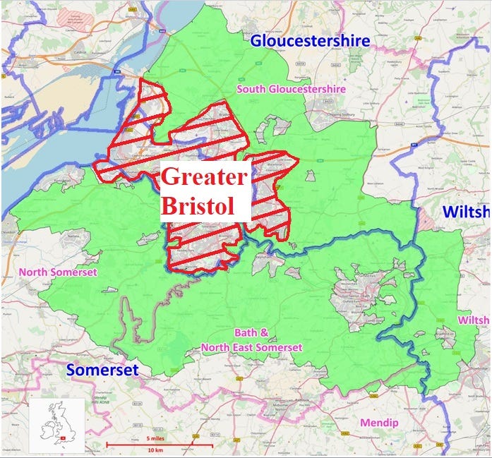 A map of the West of England showing the 4 local authorities, the Green Belt and inside it "Greater Bristol" comprising the City of Bristol and some of South Gloucestershire.