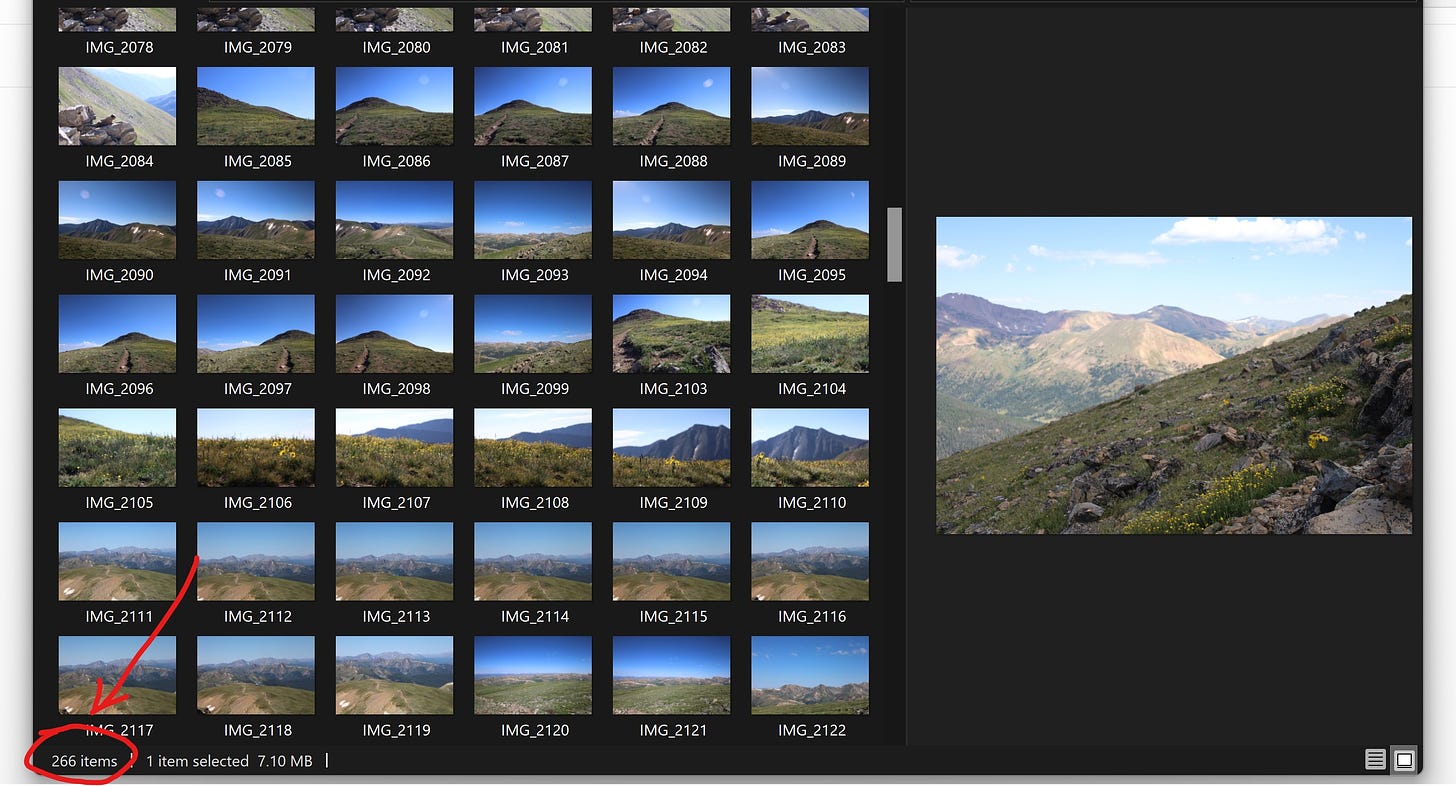 a picture of my photo library after a hike