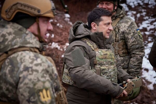 A photograph released by the Ukrainian government shows President Volodymyr Zelensky visiting positions on the front line in the Donetsk region in December.