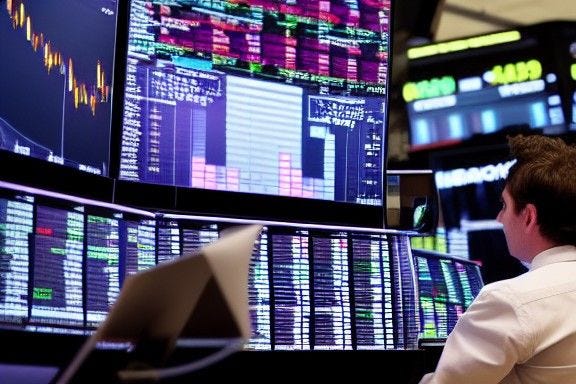 A trader sit in front of several Bloomberg screens