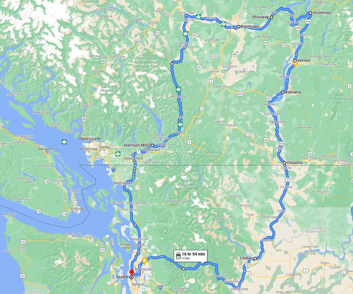 map of road trip loop through British Columbia from Seattle, with stops in Chelan, Osoyoos, Kelowna, Vernon, Shuswap, Kamloops, and the Fraser River Valley