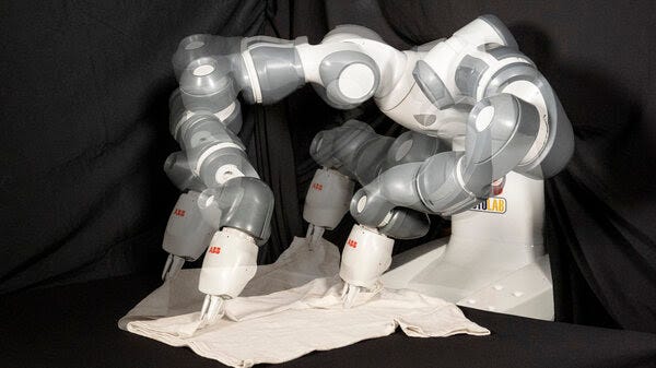 Most robots have not generally been equipped for the task of folding clothes. But an international group of researchers say their new method could change that — or at least speed up the process. Their robot is seen here in multiple exposures.