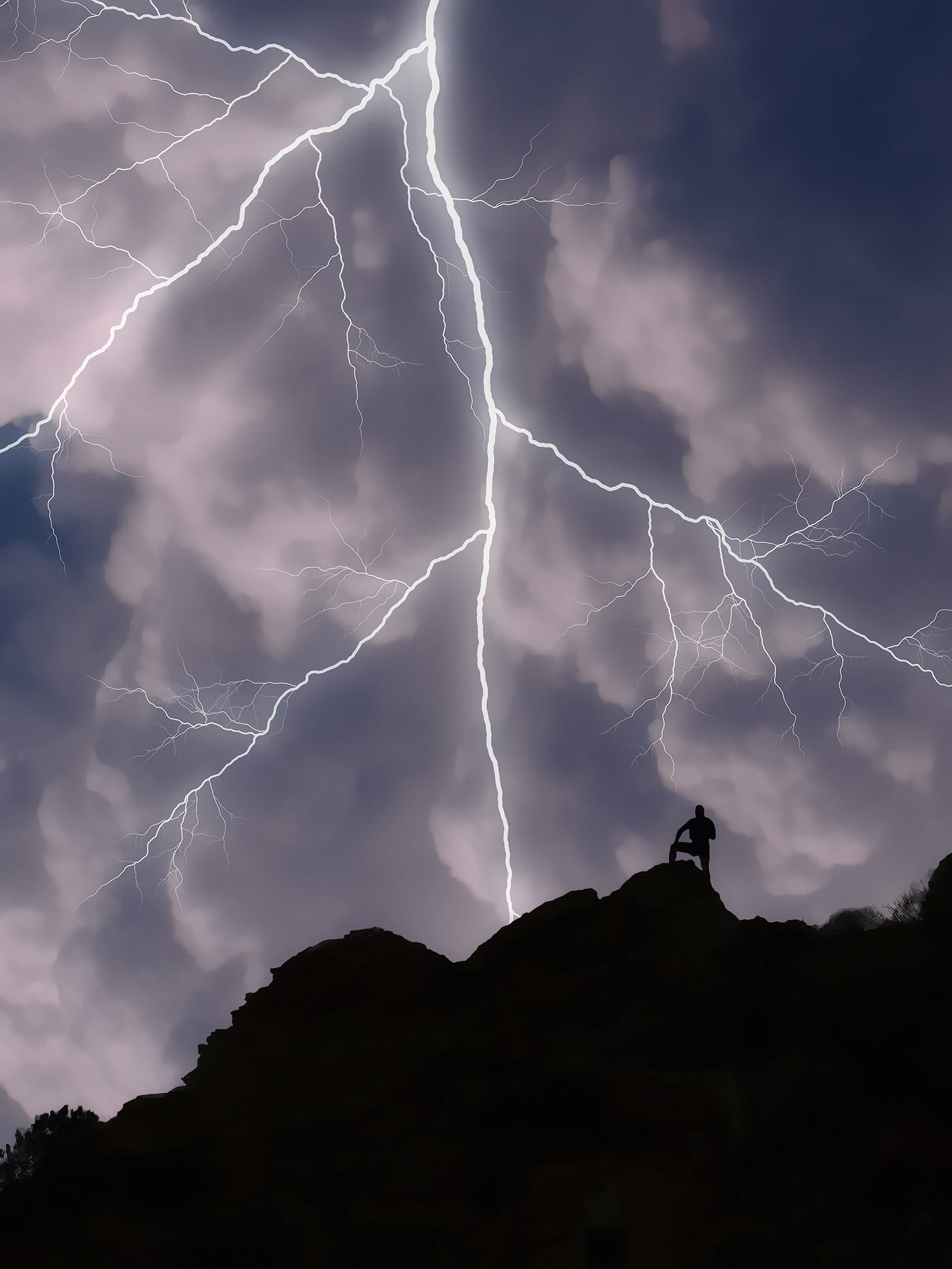 Person standing on a hillside under a large bolt of lightning