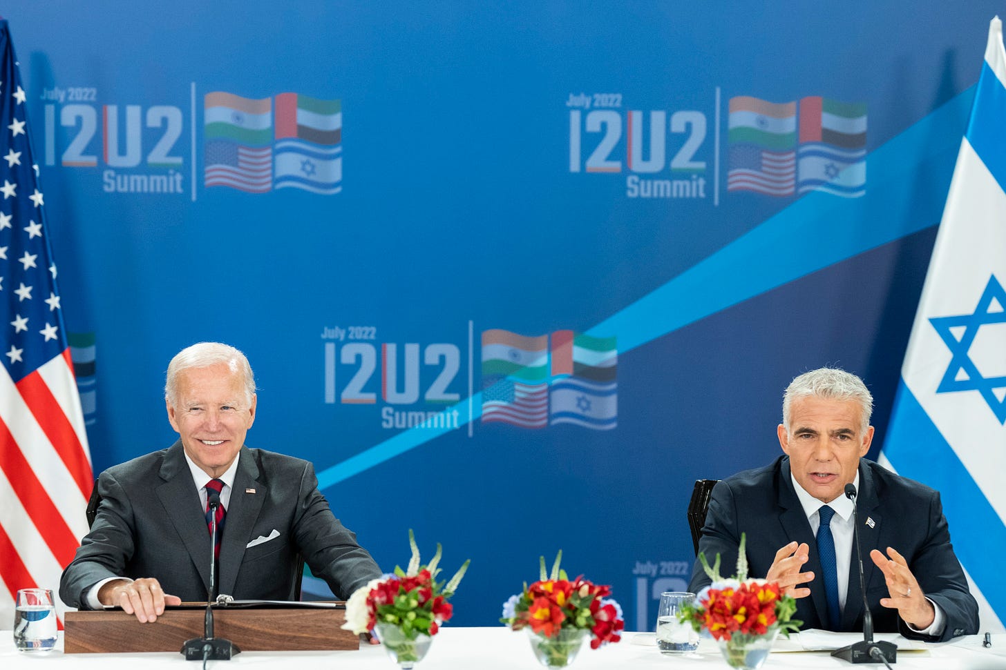 US President Joe Biden (left) and Israeli Prime Minister Yair Lapid during the first I2U2 leaders' meeting (Image: Twitter/@POTUS)