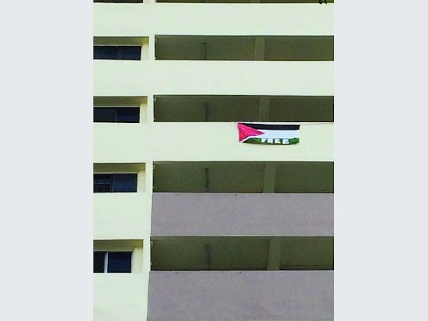 A Palestinian flag was seen hanging on the 11th floor of Block 54 Sims Drive yesterday. — Today pic