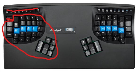 I've circled the keys that are easy to hit on the Kinesis: almost all of them