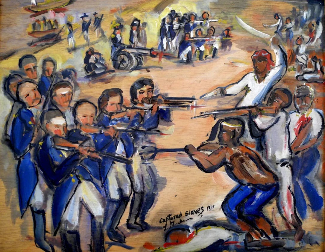 Details of paintings depicting 1811 Louisiana slave revolt by New Orleans folk artist Lorraine Gendron.