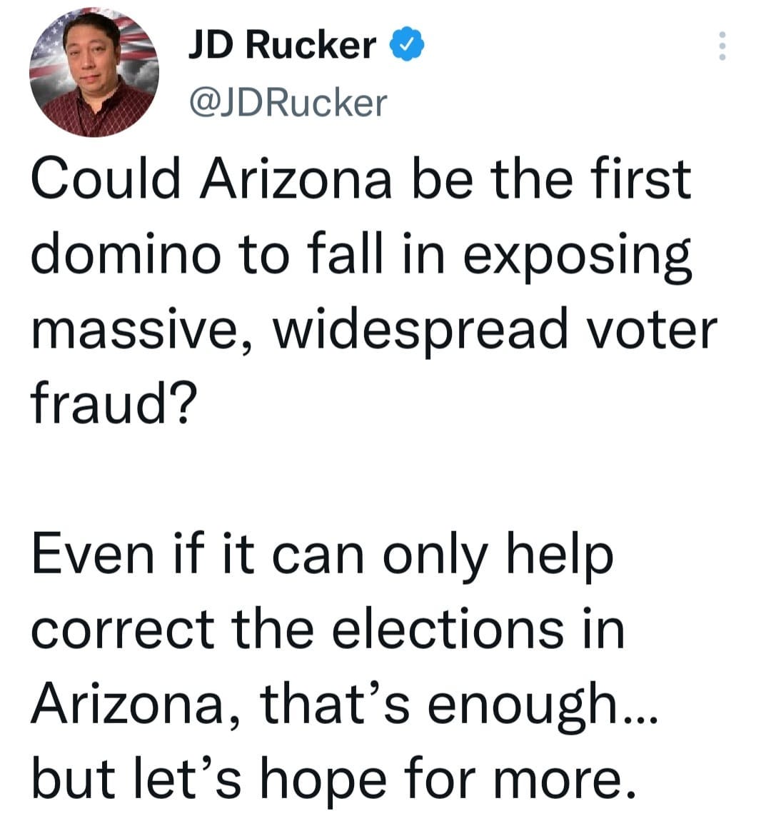 May be a Twitter screenshot of 1 person and text that says 'JD Rucker @JDRucker Could Arizona be the first domino to fall in exposing massive, widespread voter fraud? Even if it can only help correct the elections in Arizona, that's enough... but let's hope for more.'