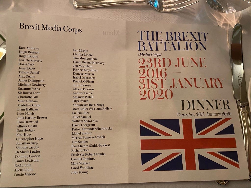Tom Harwood on Twitter: "One year to the day since this brilliant Brexit  Battalion (Media Corps) dinner organised by @allisonpearson. Tremendous  evening now feels so long ago!… https://t.co/wImKlvwQ9u"