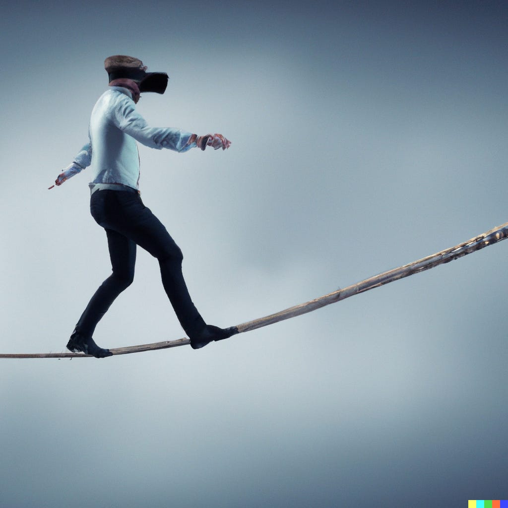 “man in a virtual reality headset walking on a tightrope” / DALL-E