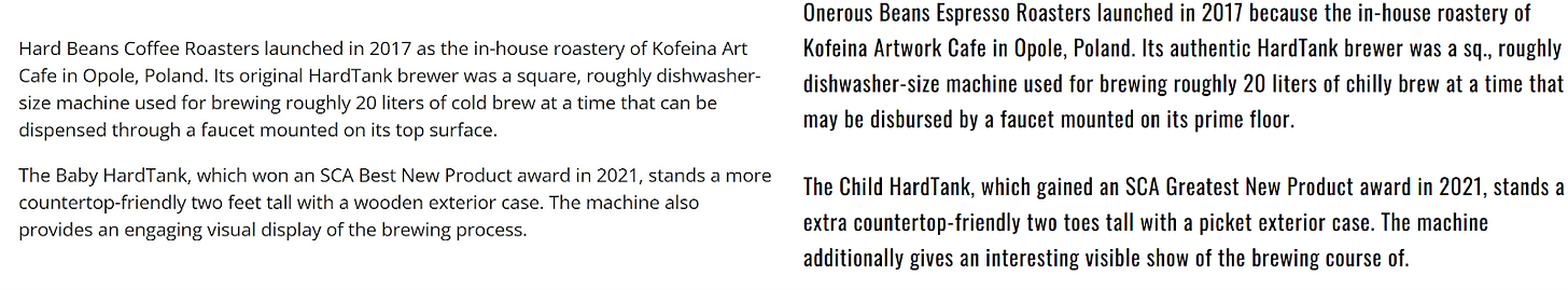 Screenshot of part of the Daily Coffee News story on the left, with Barista Speech’s copied version on the right. 