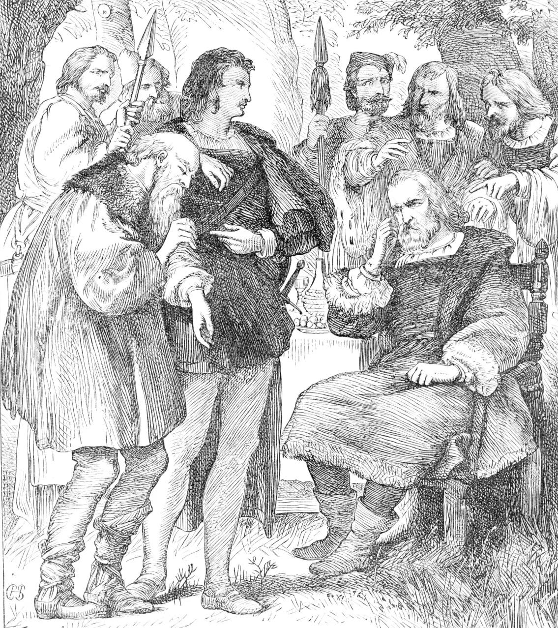 A Victorian etching of a group of men. Orlando, a young man, supports Adam an old man, who leans weakly against him as others look on.