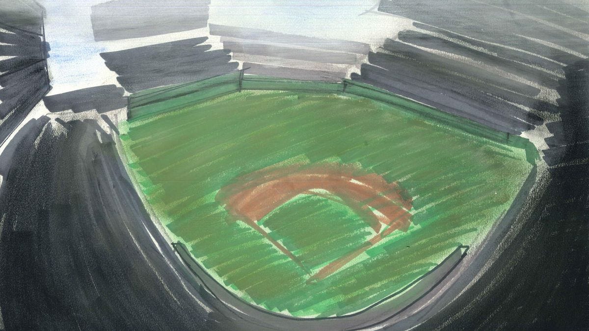 Watercolor illustration looking down on an empty baseball stadium 