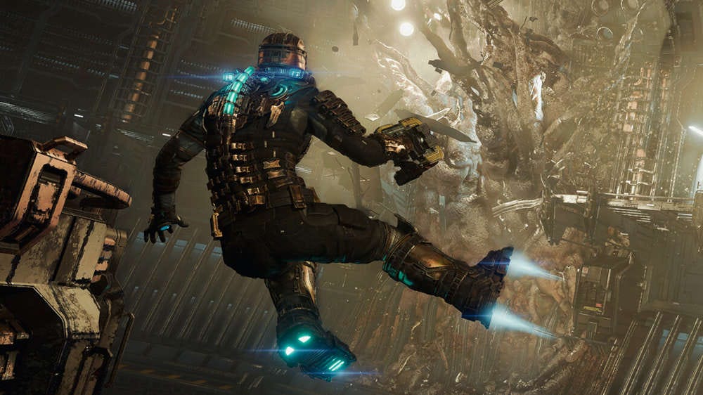 Isaac Clarke flying with hover boots in the Dead Space remake