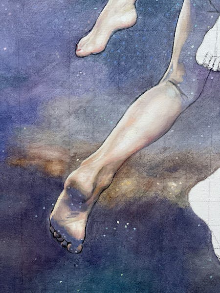 Newberry, Creation, wip, detail of his left leg and foot, oil on linen, 64x48". July 13, 2022