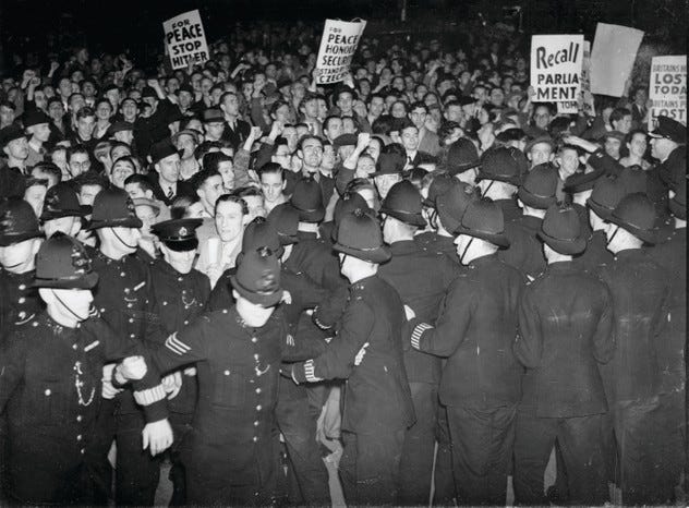 People demonstrating against British concessions to Hitler, Whitehall, 22 September 1938. (Photo by Imagno/Getty Images)