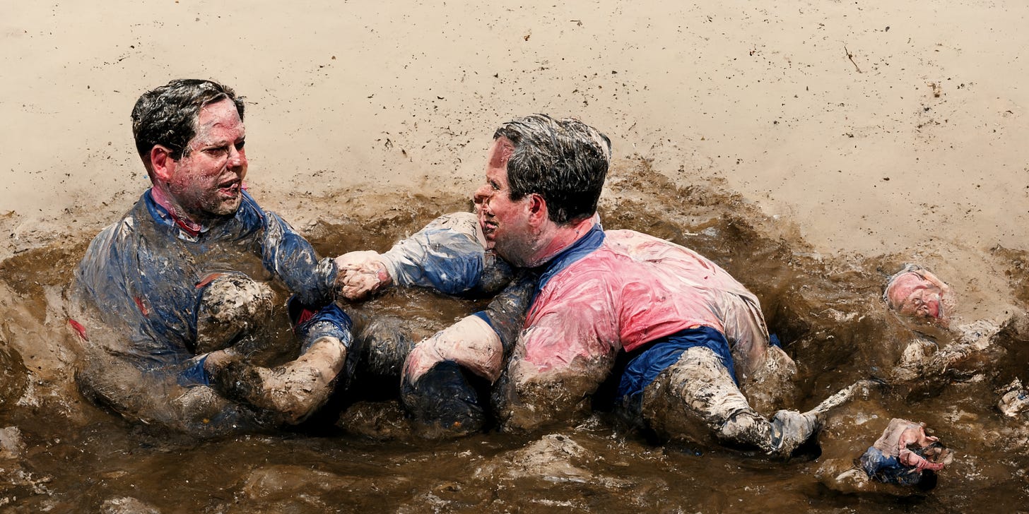 JD Vance and Tim Ryan wrestling in a mud pit