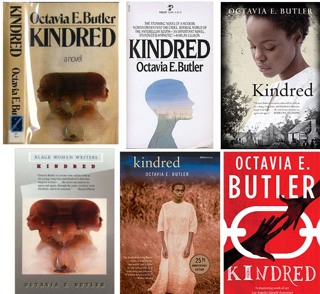 This image shows a collage of book covers from six different editions of Octavia E. Butler's 1979 novel Kindred.