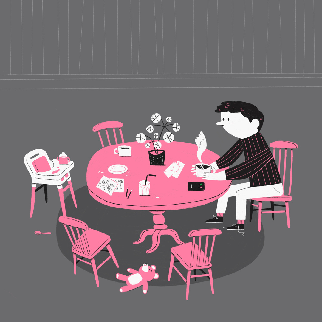 A dad sits alone at a dining table, the detritus of family life surrounding him, a phone ringing, unanswered.