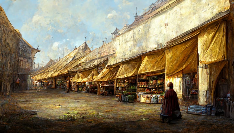 An outdoor marketplace with yellow awnings and a big open square. One person stands in the space, which is otherwise completely devoid of life.