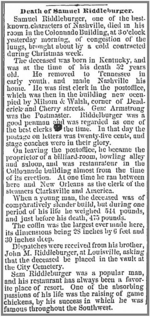 Sam Riddleburger’s Obituary. The Daily American, January 7, 1877