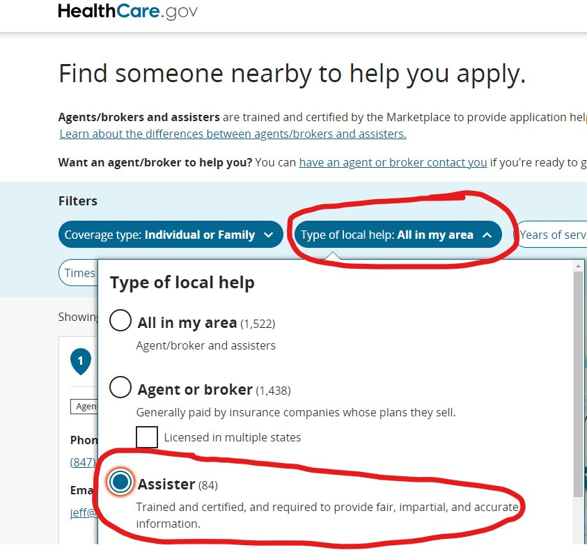 A screenshot of the correct window to find a health care assister on health care dot gov. The type of local help to select is "all in my area" and in the pop up window below that, select assister.