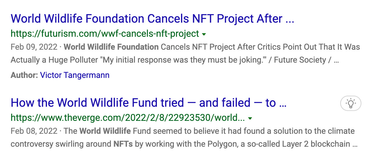 Search results about the WWF NFT project.