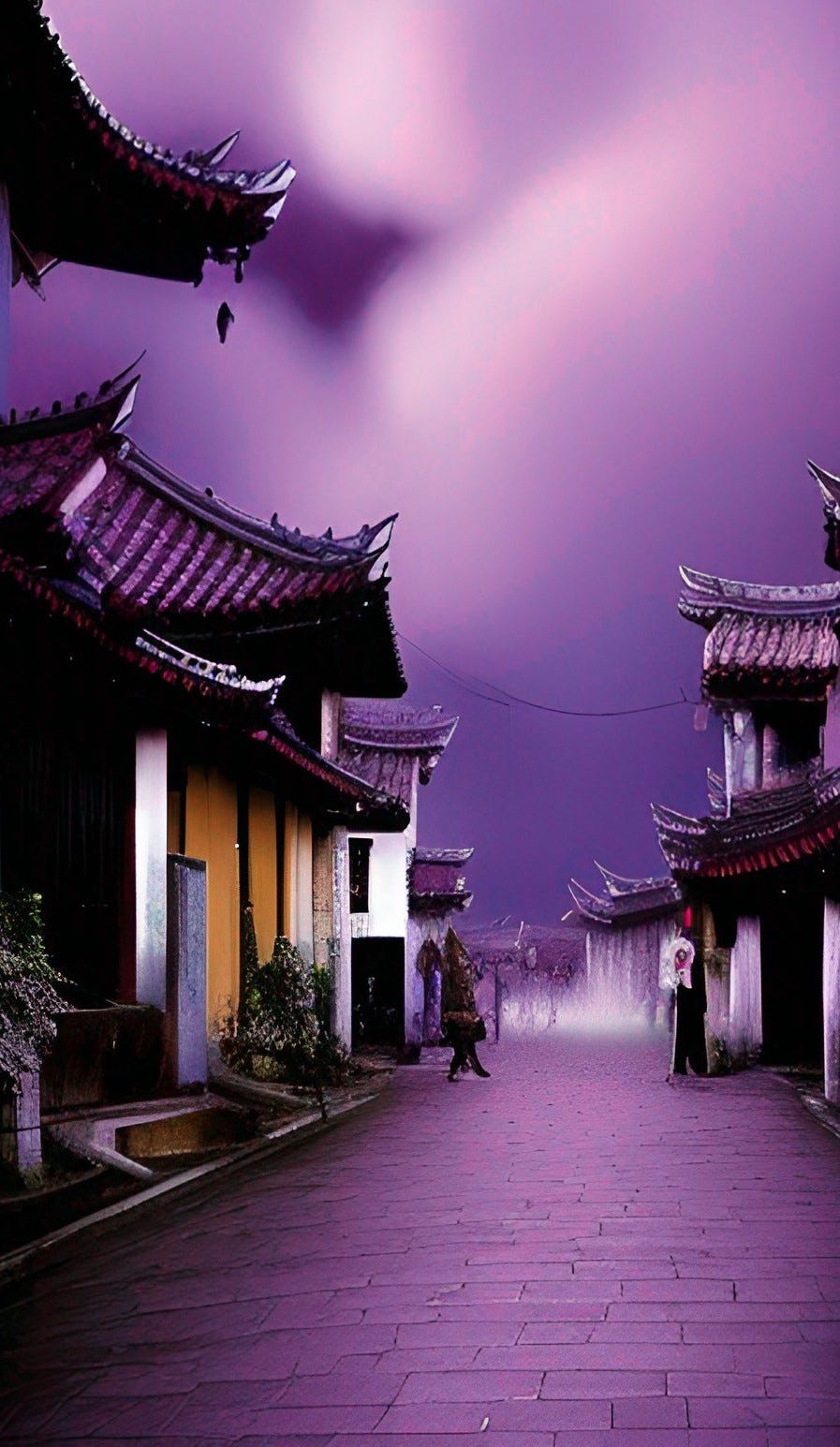 A.I. image of a cobblestone street in an Asian village, clouds overhead and mist on the ground, all tinged with purple.