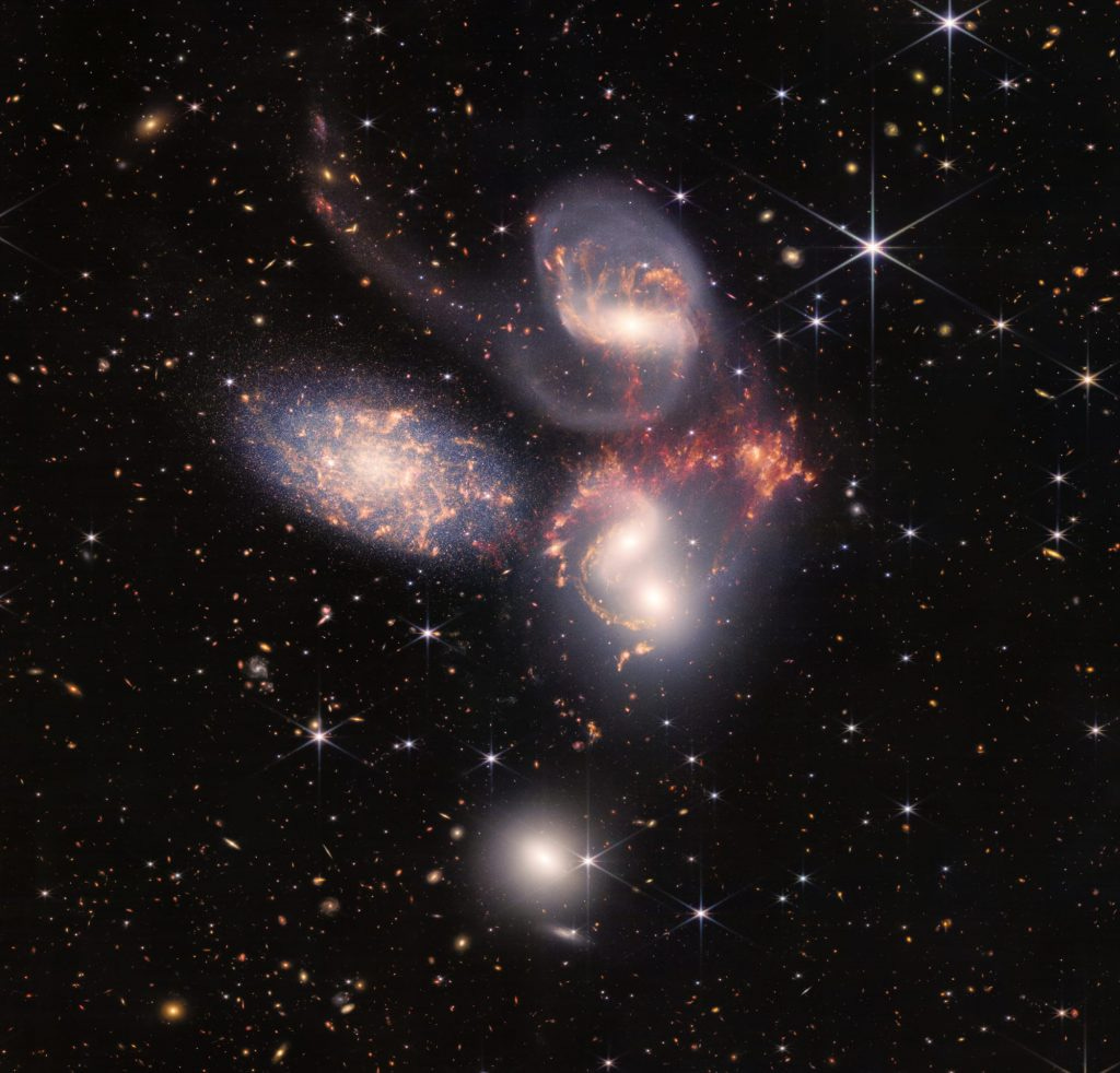 An enormous mosaic of Stephan’s Quintet is the largest image to date from NASA’s James Webb Space Telescope, covering about one-fifth of the Moon’s diameter. Photo Credits: NASA 