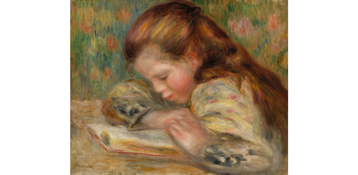Renoir painting of a girl reading a book.