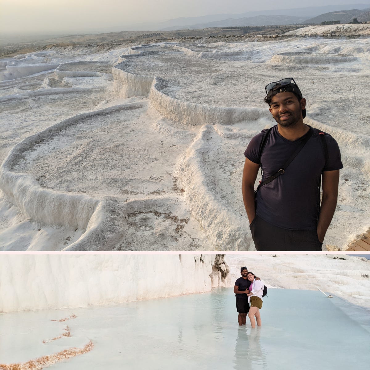 Two pictures: (top) Aseef standing before three layers of cascading dry limestone terraces; (bottom) Aseef and Iulia standing closely, ankle-deep in blue-green mineral water.