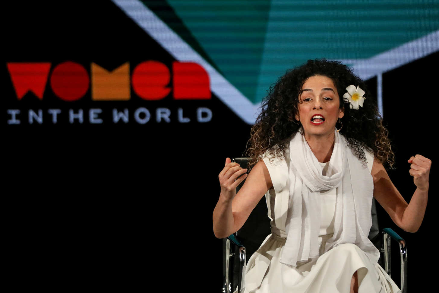 Masih Alinejad, Iranian journalist and women's rights activist, speaks on stage at the Women In The World Summit in New York, U.S, April 12, 2019. REUTERS/Brendan McDermid/File Photo