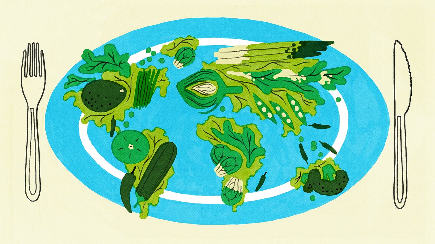 Illustration of vegetables on a blue serving platter in the shape of the planet.