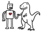 line drawing of happy robot and t-rex holding hands