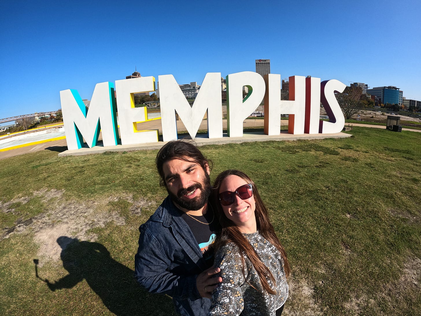 Kelly & Anthony selfie in front of the Memphis sign they scootered too for the live stream!!
