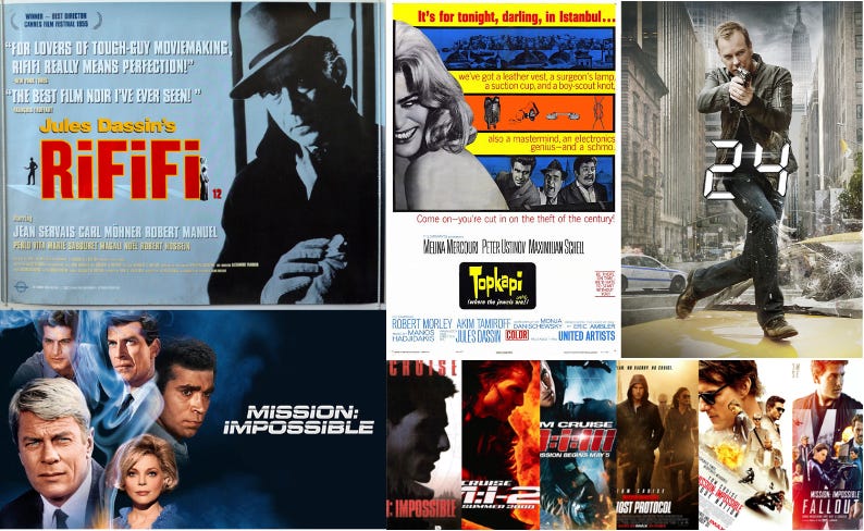 This polyptych combines posters from five important influences on "Two of One's" storyline: Rififi (1955, top left), Topkapi (1964, top center), 24 (2001-2014, top right), Mission: Impossible (original television series, 1966-1972, bottom left), and a collage of the 6 Mission: Impossible films released since 1996 (bottom right). This polyptych combines posters from five important influences on "Two of One's" storyline: Rififi (1955, top left), Topkapi (1964, top center), 24 (2001-2014, top right), Mission: Impossible (original television series, 1966-1972, bottom left), and a collage of the 6 Mission: Impossible films released since 1996 (bottom right).