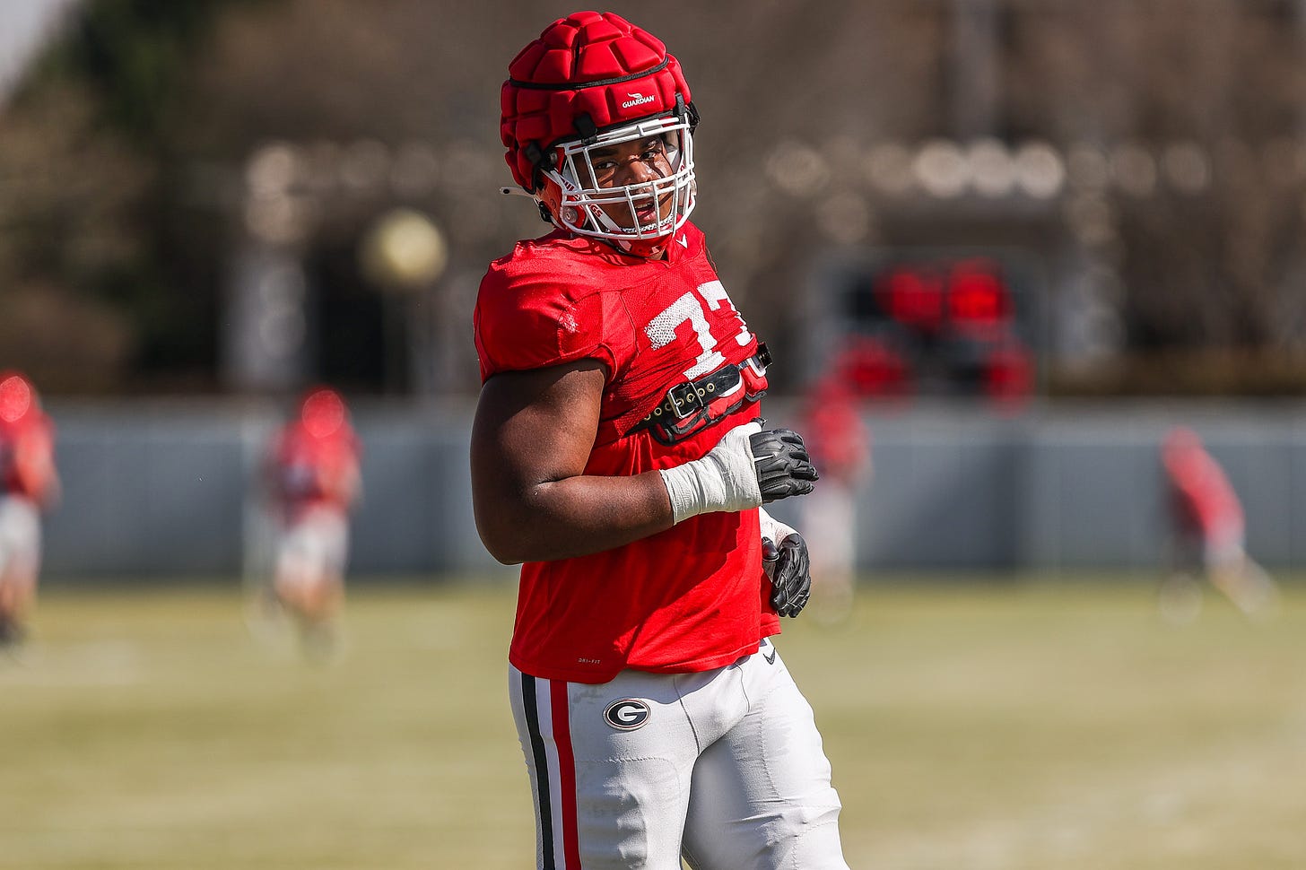Georgia offensive lineman Devin Willock (77) during the Bulldogs’ practice session in Athens, Ga., on Tuesday, March 29, 2022. (Photo by Mackenzie Miles)