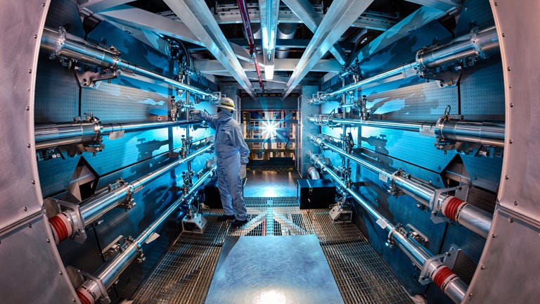 A technician inside the preamplifier support structure of the National Ignition Facility of the Lawrence Livermore National Laboratory in California.