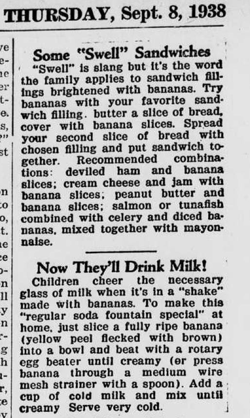 A 1938 newspaper clipping telling people to serve bread and butter sandwiches with banana slices