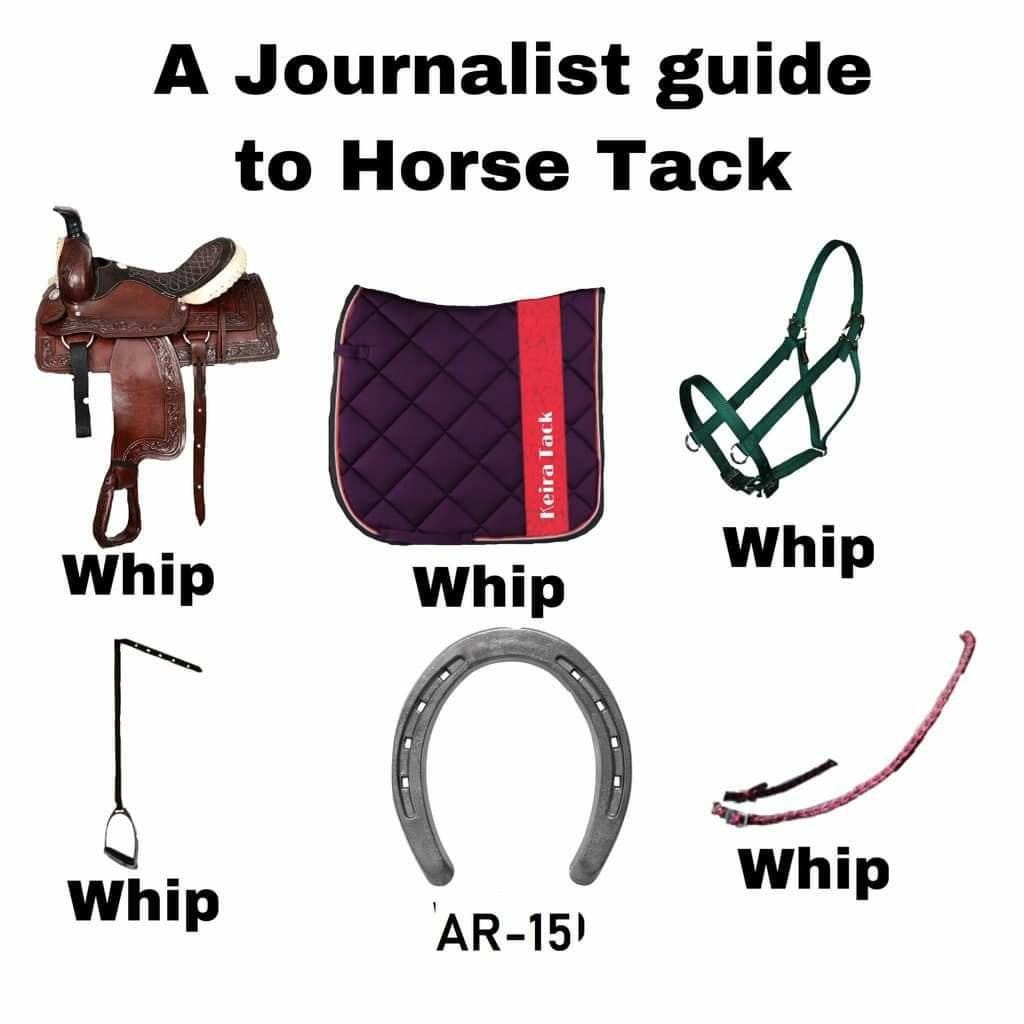 May be an image of horse and text that says 'A Journalist guide to Horse Tack Whip Whip Whip Whip AR-15' - Whip'