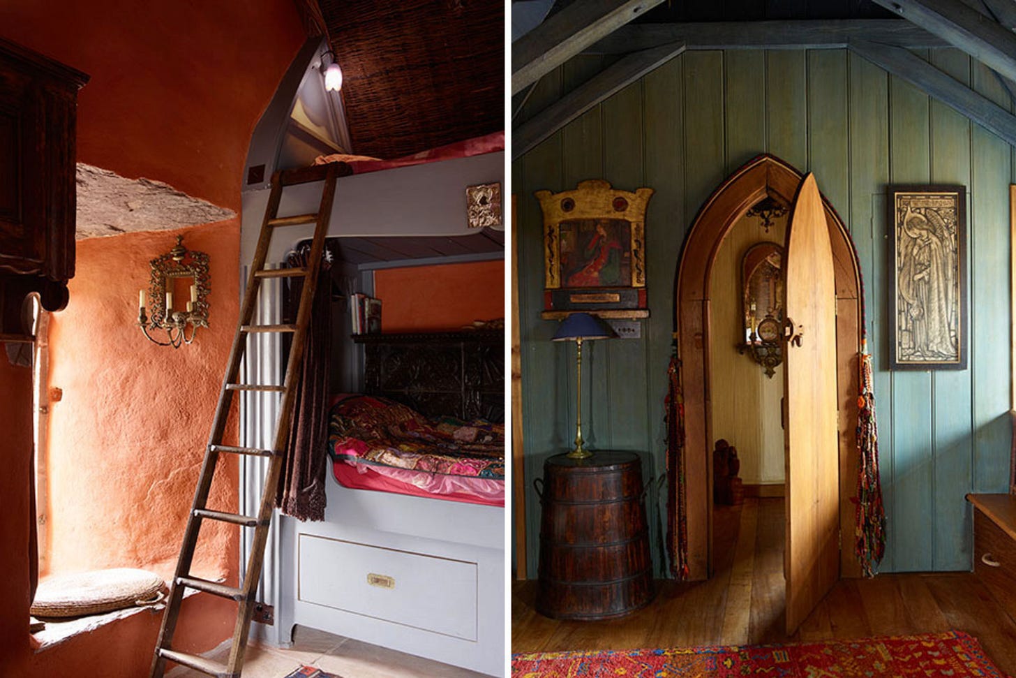 Two detail pictures from Jeremy Irons castle, a bunkbed and a Gothic-arched doorway Two detail pictures from Jeremy Irons castle, a bunkbed and a Gothic-arched doorway