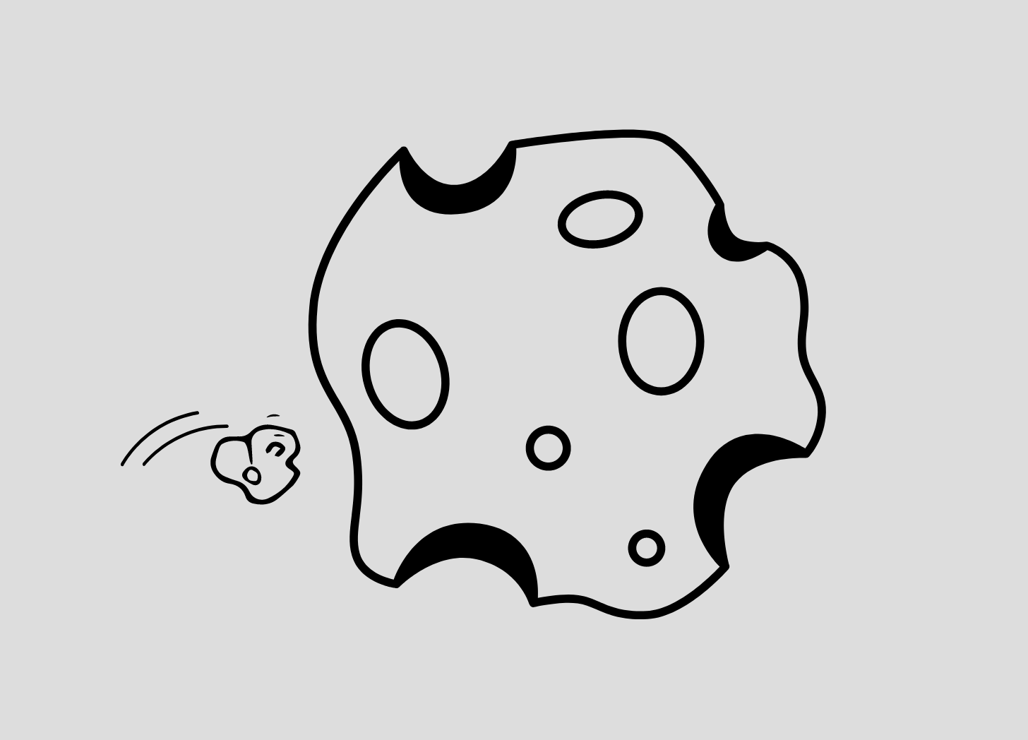 Desenho com contorno em preto e branco em fundo cinza de uma pequena pedra prestes a colidir com um grande asteroide cheio de crateras.