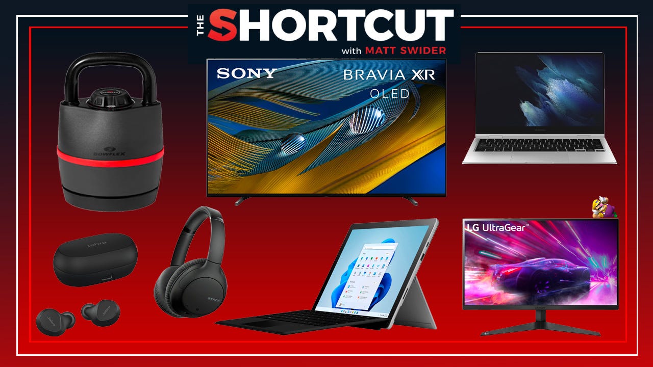 Several products on sale at Best Buy against a red-to-black vertical gradient background, with The Shortcut logo centered at top
