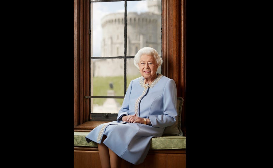 The official Platinum Jubilee portrait of Queen Elizabeth II, photographed at Windsor Castle in May 2022, released by Buckingham Palace on June 1, 2022.