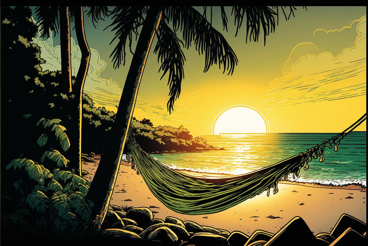 a hammock on a beach at sunrise, graphic novel