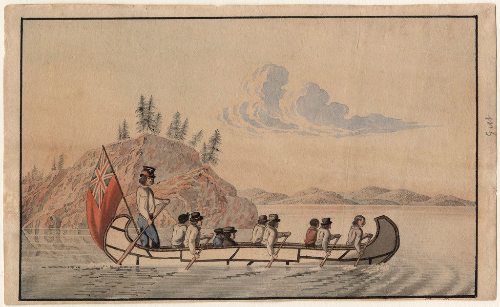 Hudson's Bay Company officials in an express canoe crossing a lake / Employés de la Compagnie de la Baie d'Hudson traversant un lac en canot