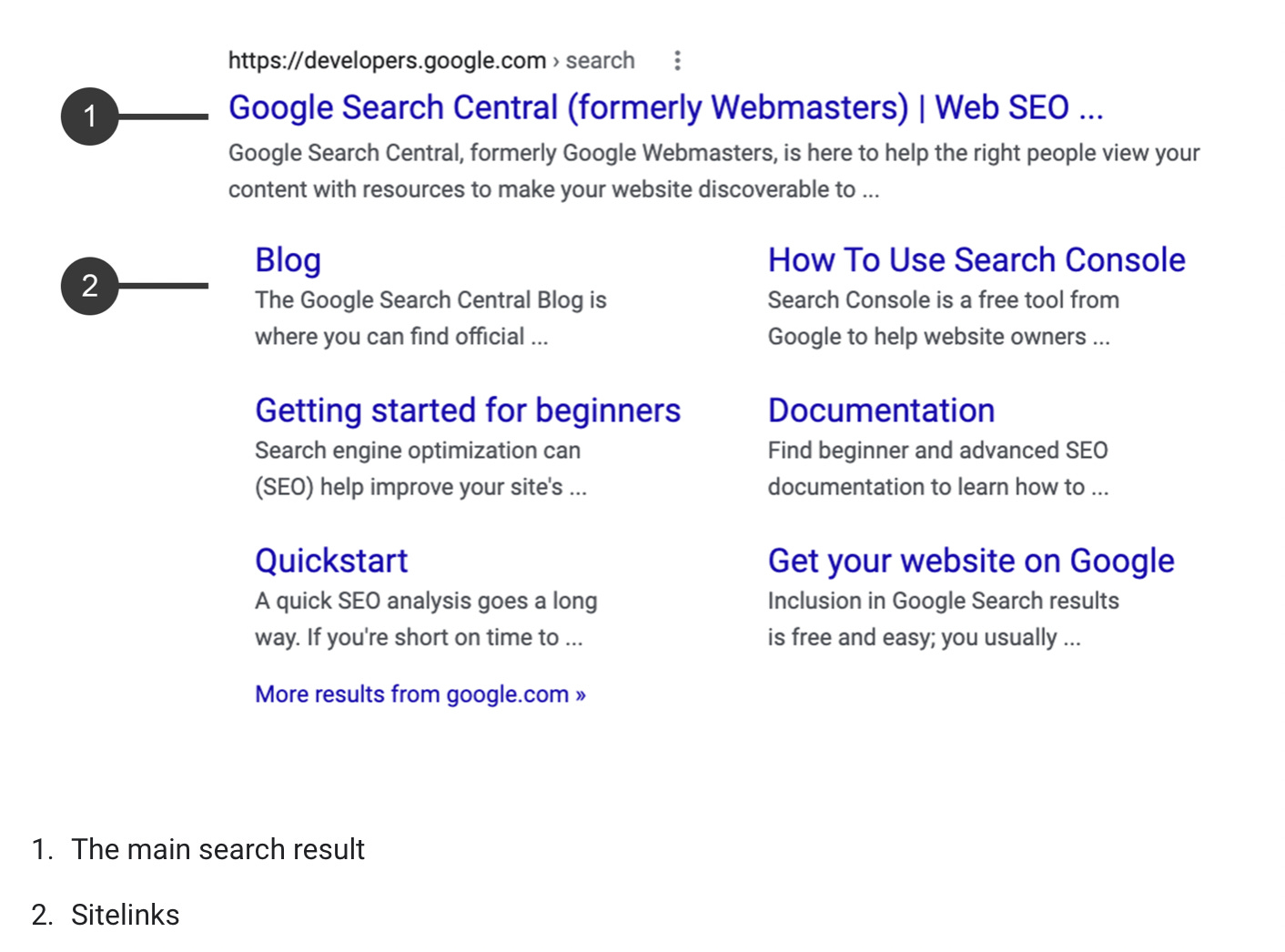 Example of Google sitelinks search results for Google Search Console