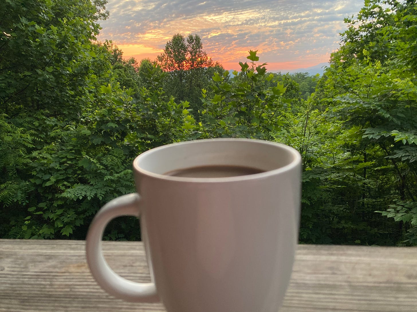 A coffee cup on a railing overlooking sunrise over the Great Smoky Mountains in Gatlinburg, TN.